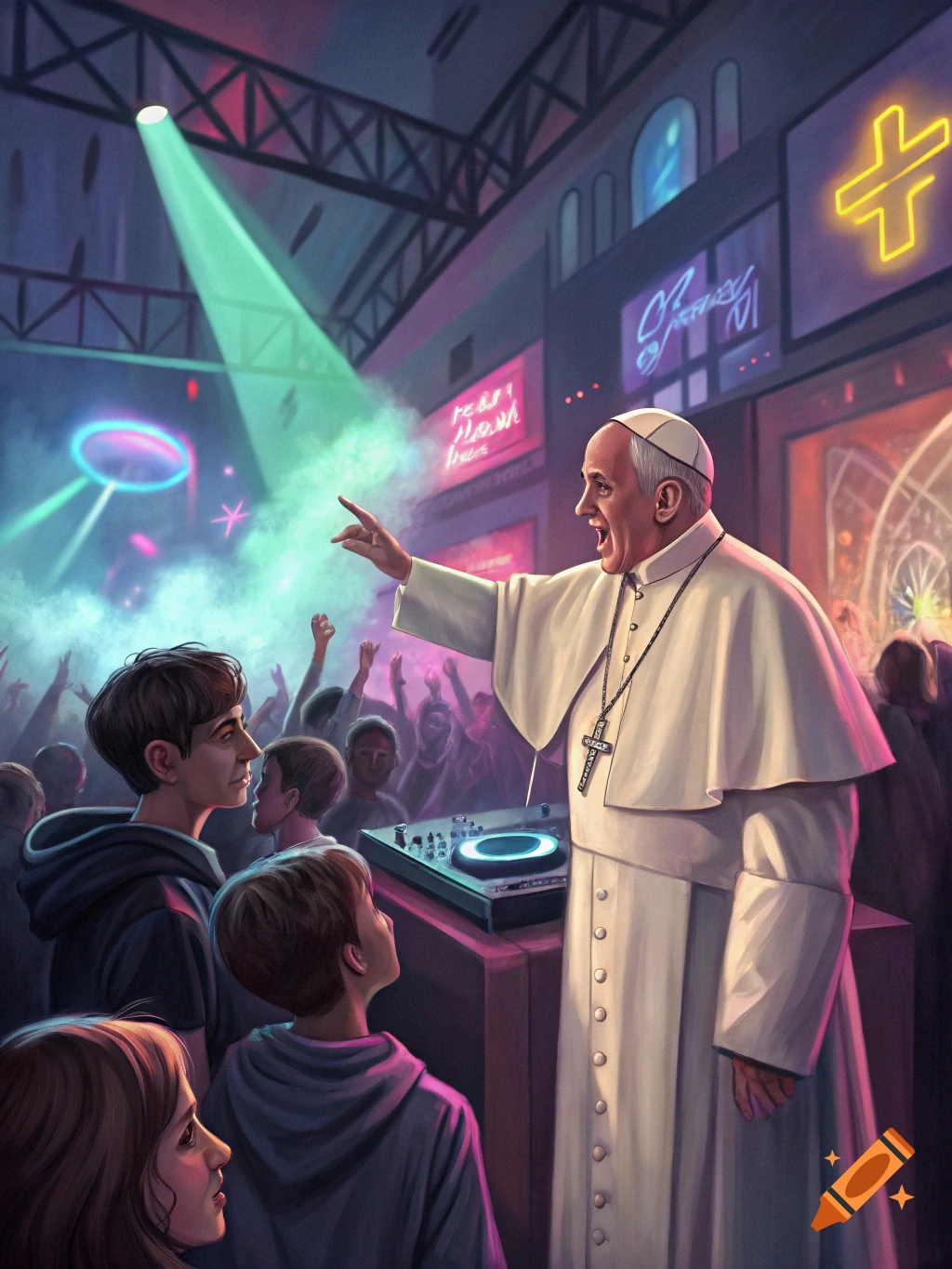 Pope Francis DJing at a crowded rave party