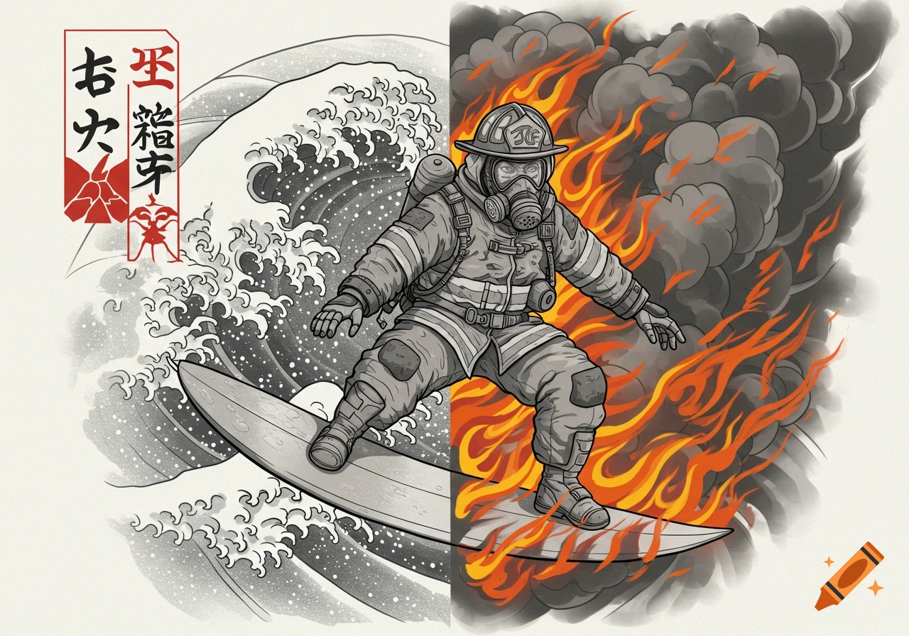 Illustration of firefighter surfing a wave and fire in a Japanese art style.