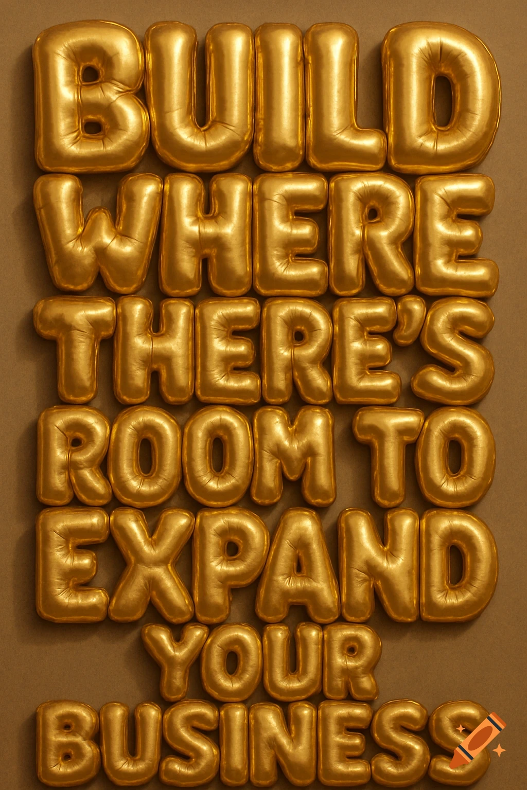 Golden balloon letters spelling out the phrase "BUILD WHERE THERE’S ROOM TO EXPAND YOUR BUSINESS"