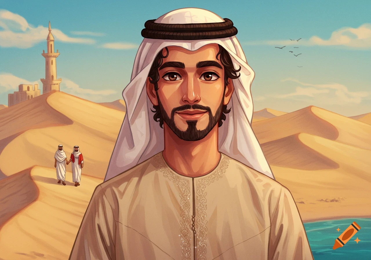Portrait of a man in traditional Middle Eastern clothing in a desert landscape with a mosque and figures in the background.