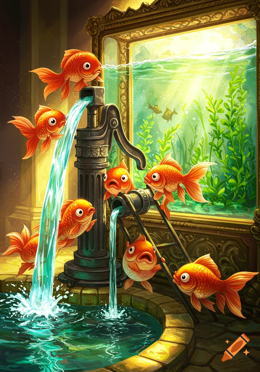 Whimsical illustration of cartoon goldfish pumping water into an aquarium.