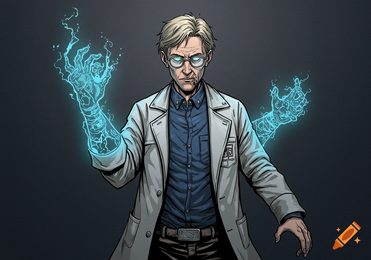 Comic art of a mad scientist with glowing blue energy hands.