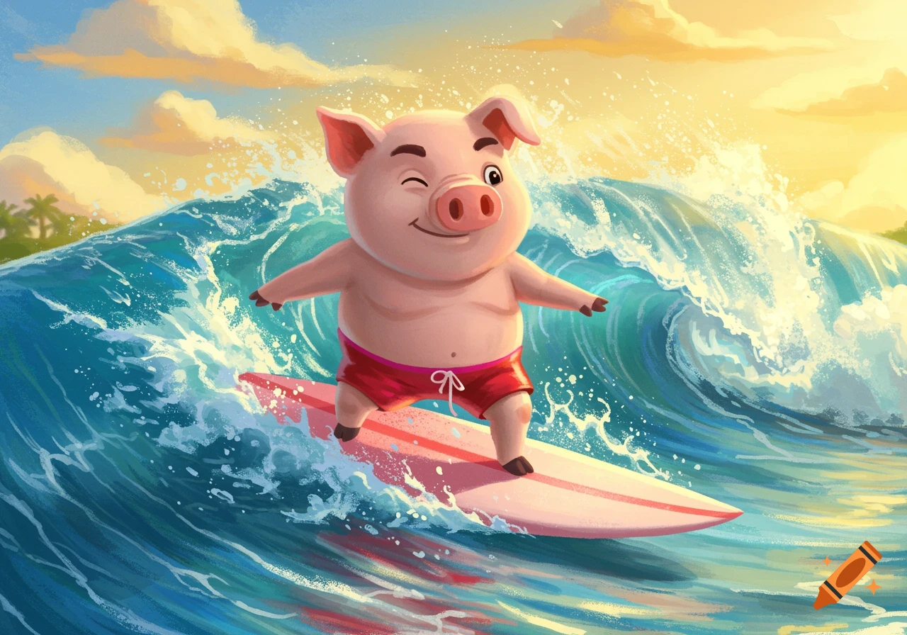 Cartoon pig in red shorts surfing a wave.