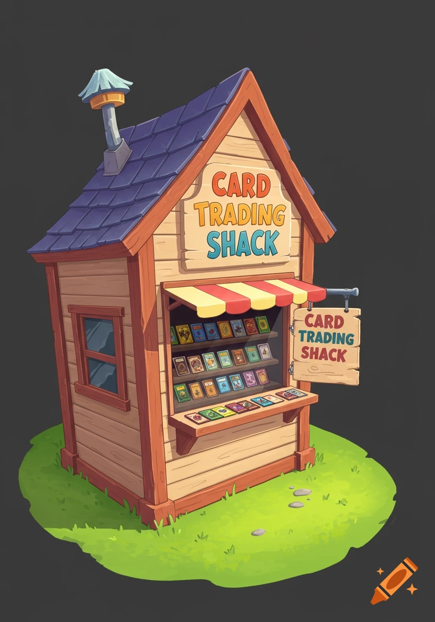 Cartoon style card trading shack building with trading cards displayed.