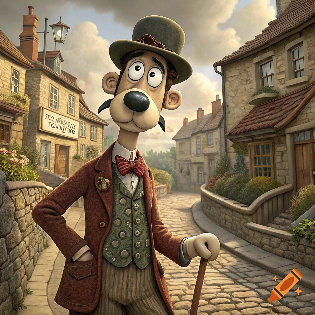 Wallace and Gromit style anthropomorphic dog in a suit stands on a village street.