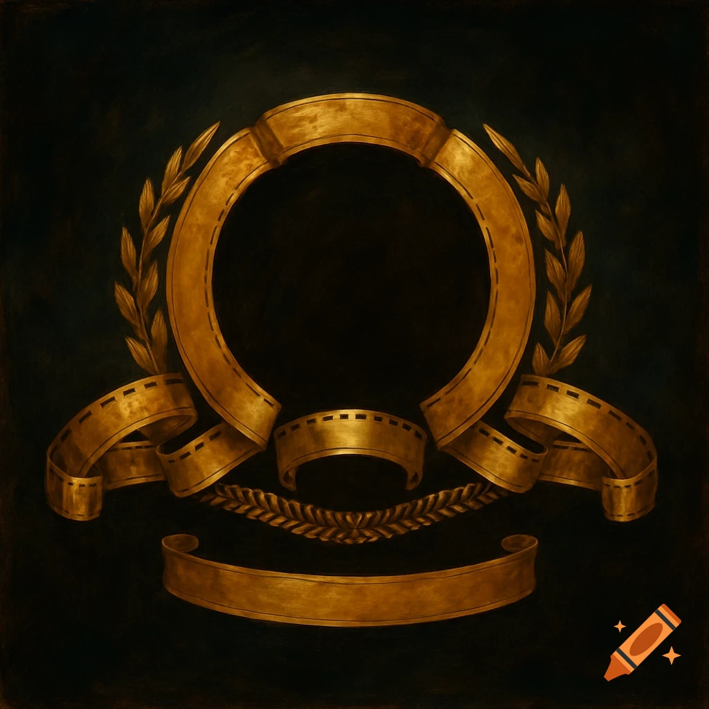Golden circular frame with ribbons and laurels on a dark painted background