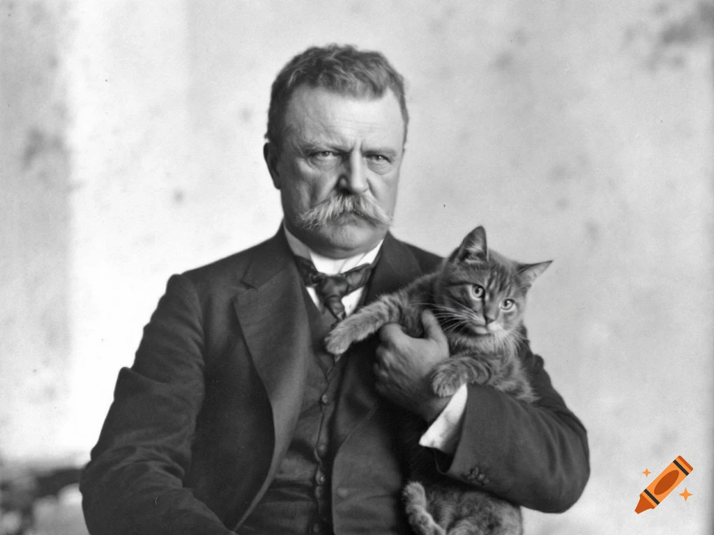 Black and white portrait of Theodore Roosevelt holding a tabby cat.