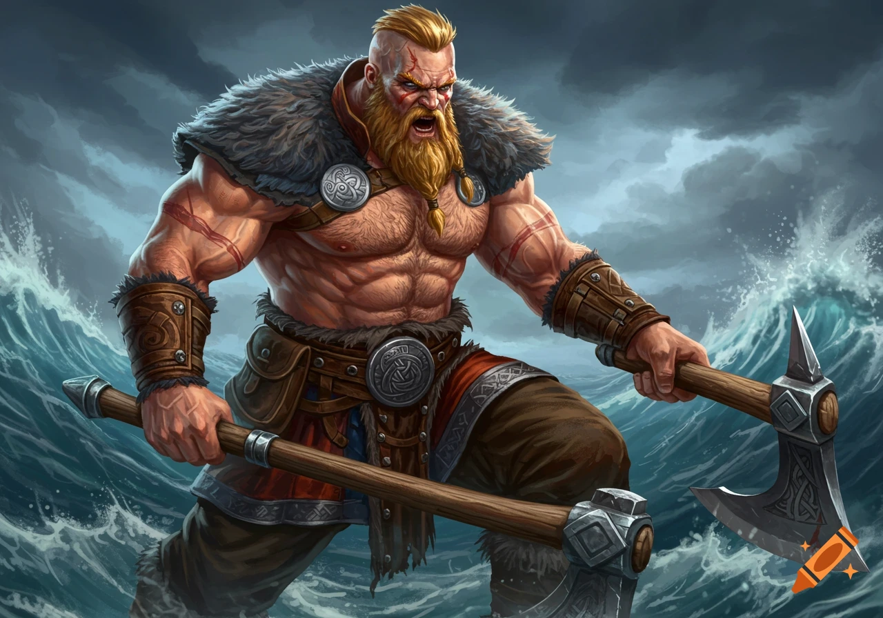 A muscular Viking warrior with two axes stands in a stormy sea, fantasy illustration.