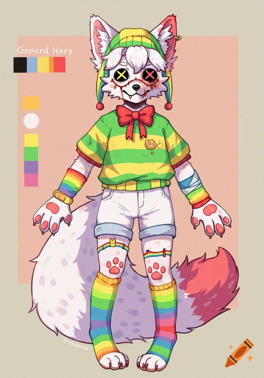 Full body character design of a white furry fox in striped shirt, shorts, rainbow socks and beanie, with stitched eyes and mouth.