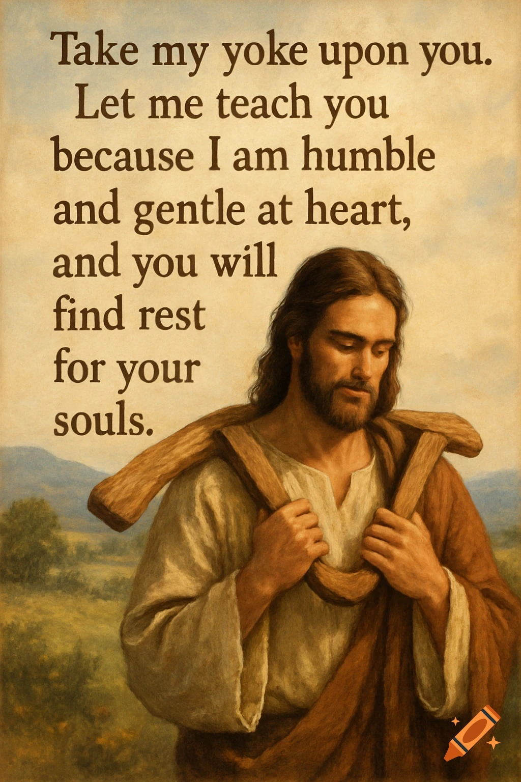 Painting of Jesus carrying a yoke with a biblical quote overlayed.