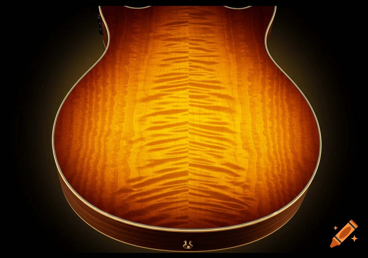 Back of a guitar body with quilted maple wood grain in golden yellow, orange, and amber colors.