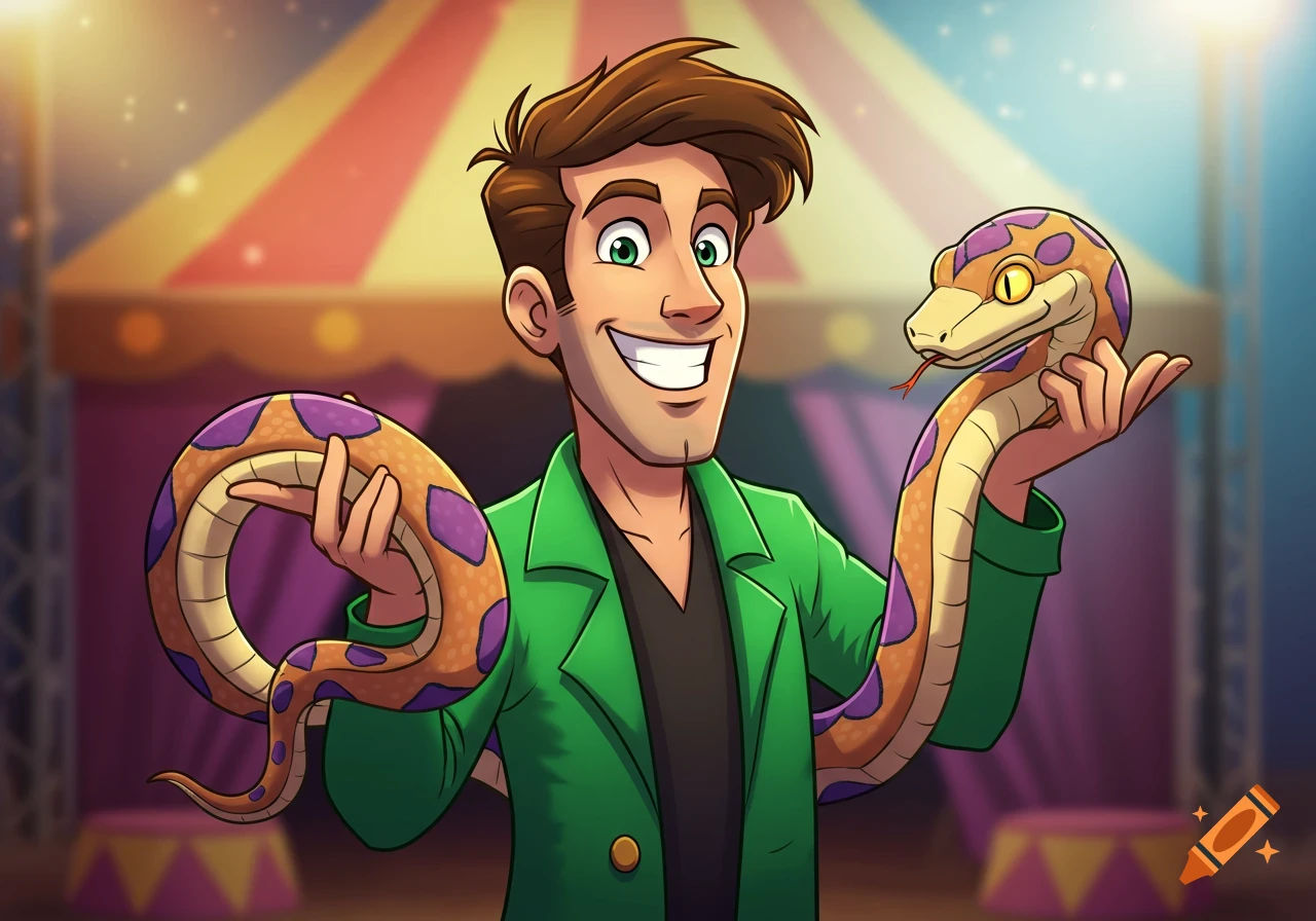 Cartoon man in green jacket holds a large snake at a circus.