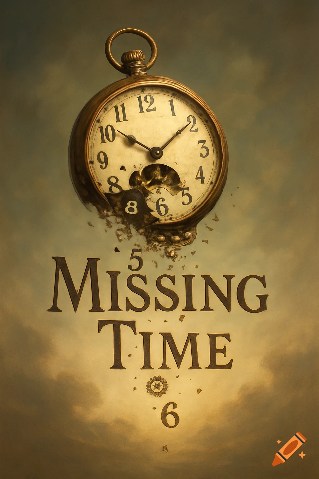 A vintage pocket watch dissolving into the words "Missing Time" against a surreal, cloudy sky.