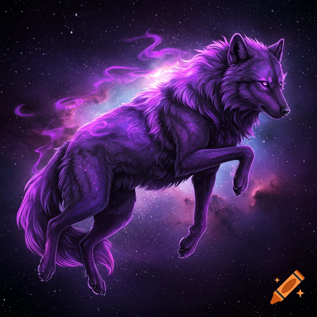A purple spirit wolf floats through space surrounded by stars and nebulas.