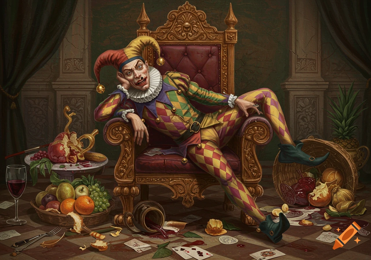 A jester in colorful diamond-patterned clothing reclines on a lavish throne in a messy room, surrounded by spilled food, drink, and playing cards.