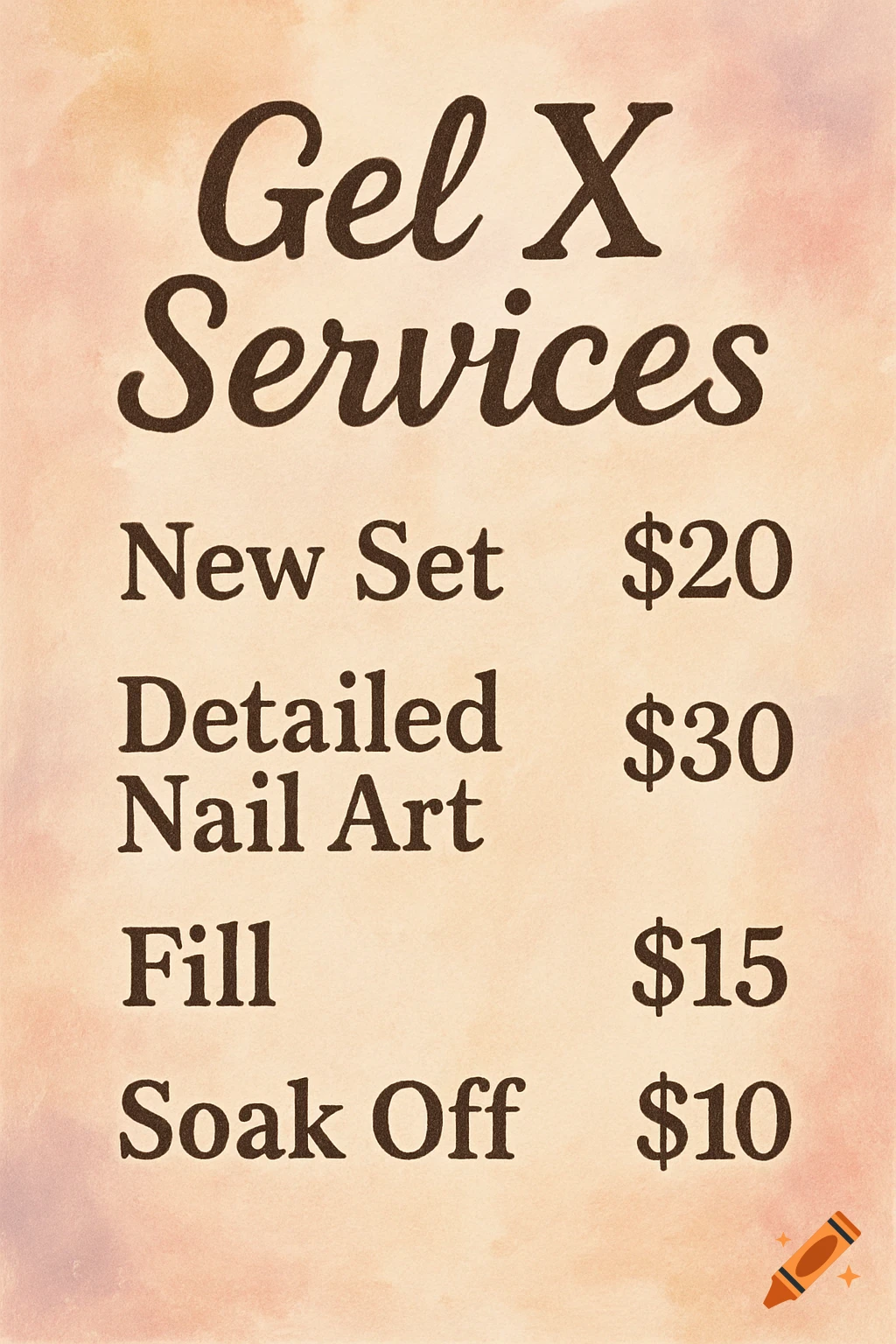 Price list for Gel X nail services