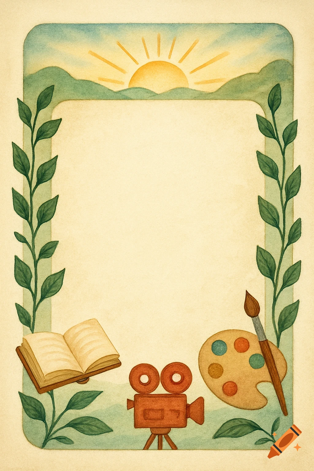 Watercolor border with leaves, mountains, sun, book, camera, and art palette.