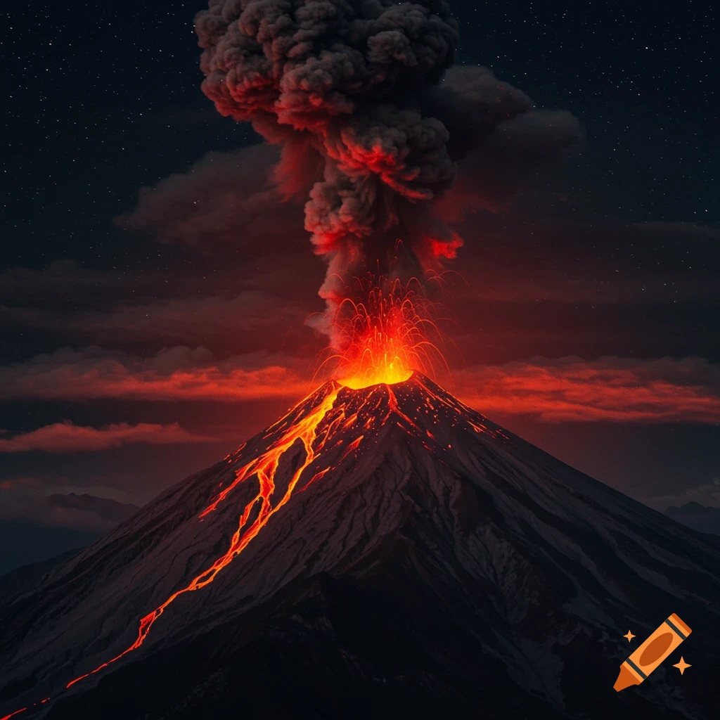 Volcanic eruption with lava flowing down the side at night