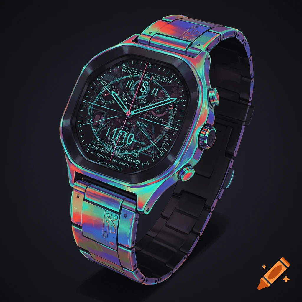 A holographic, futuristic watch face glows with intricate details.