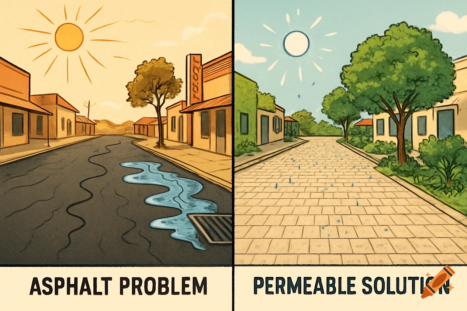 Split screen illustration comparing an asphalt street with water pooling vs. a permeable paver street with water soaking in.