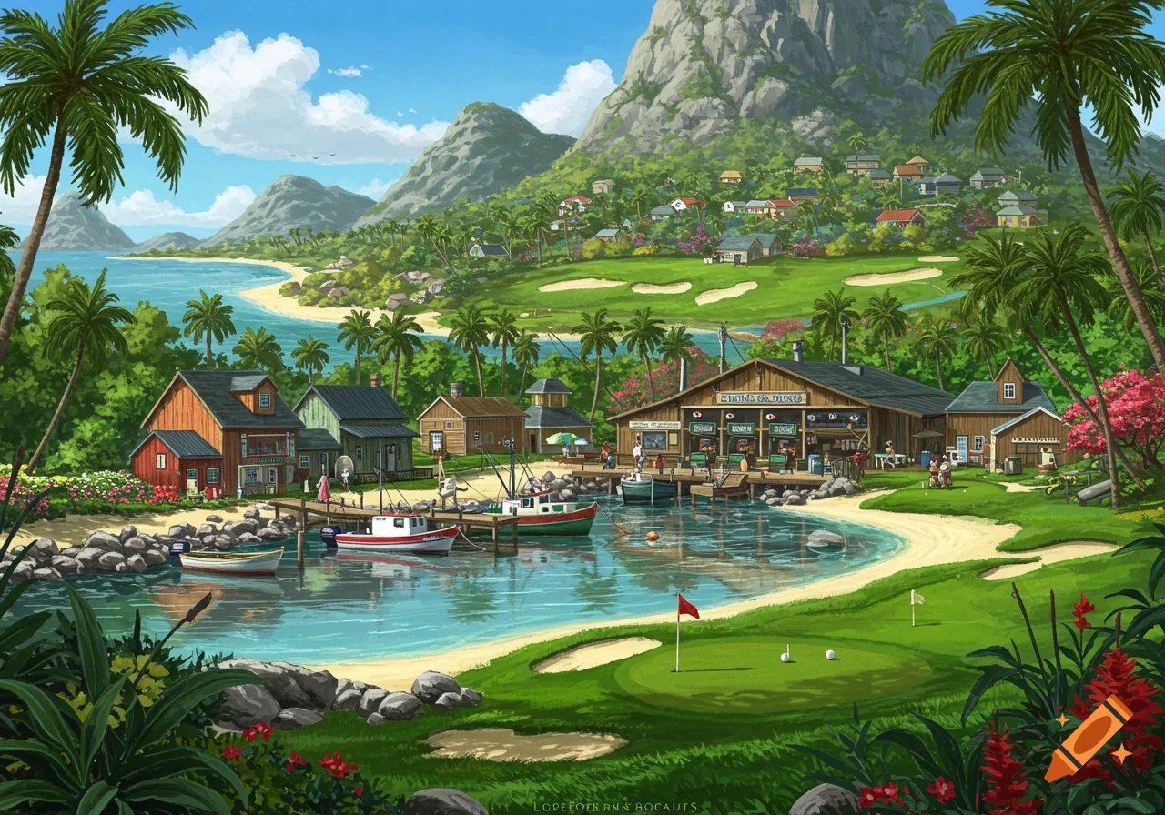 Illustration of a tropical island town with harbor, fishing boats, houses, golf course, and mountains.