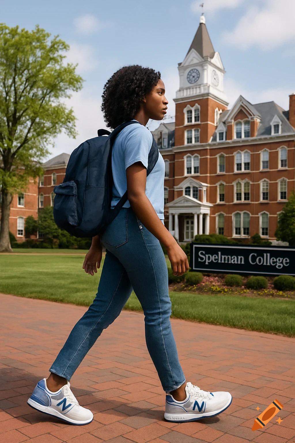 A student with a backpack walks past a Spelman College sign on campus.
