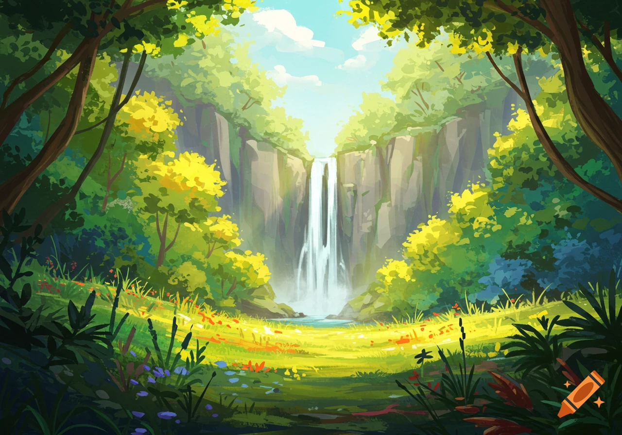 Digital painting of a lush forest landscape with a waterfall cascading down cliffs into a pool surrounded by vibrant greenery and flowers.