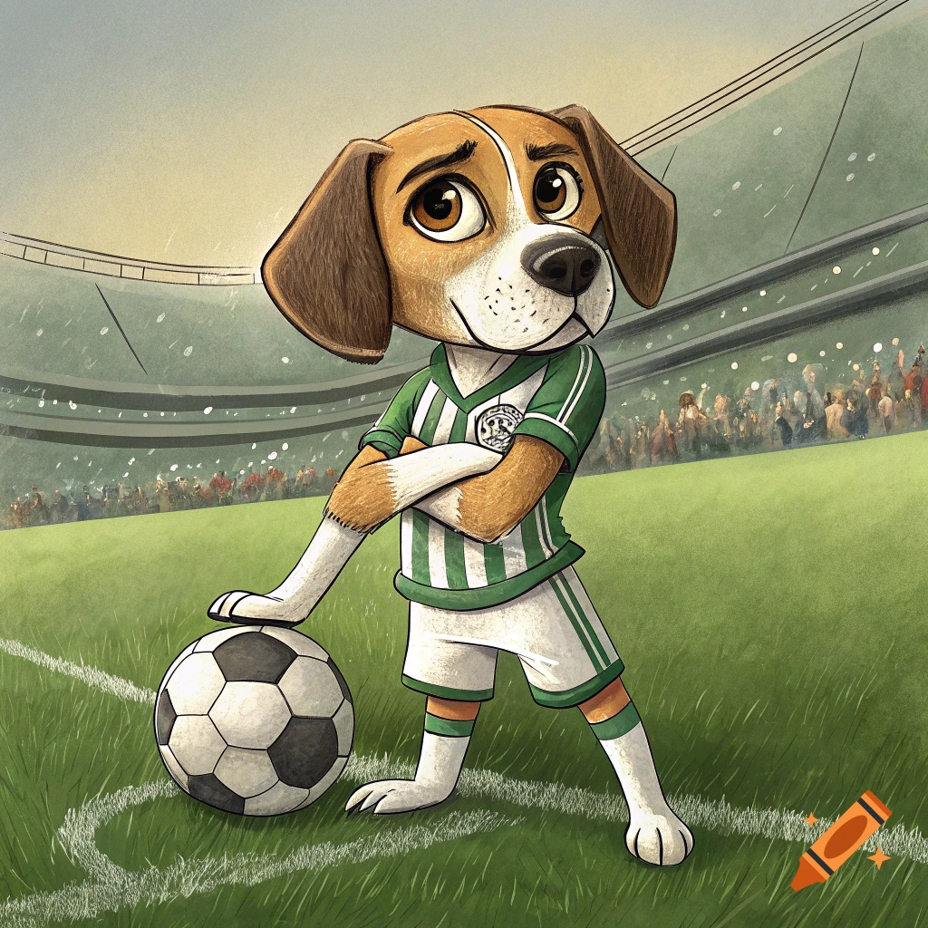 Cartoon dog wearing a soccer uniform stands with a ball in a stadium ...