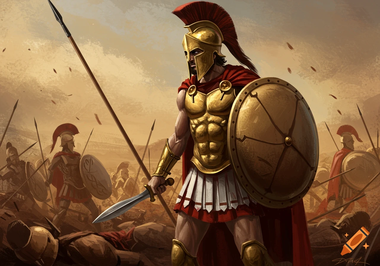 A stylized painting of a Spartan soldier in golden armor with sword and shield, standing on a battlefield with other soldiers fighting in the background.