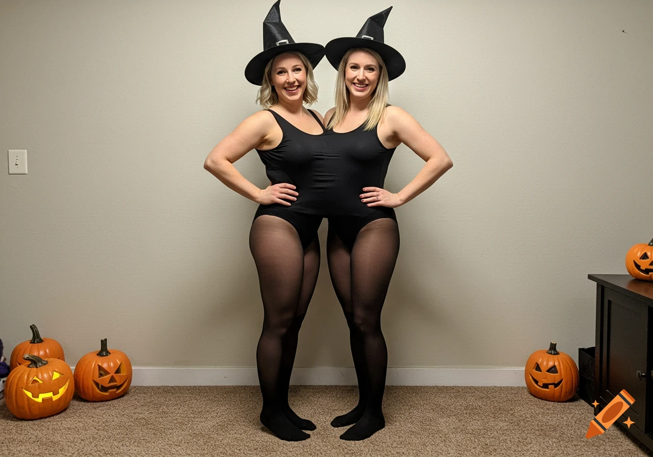 Two women in witch hats and black leotards pose as a conjoined two-headed witch with pumpkins.