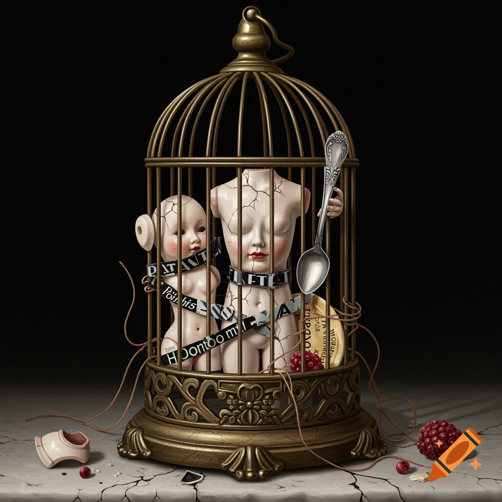 Surreal still life of cracked doll torsos trapped in a birdcage with tape, a spoon, and berries.