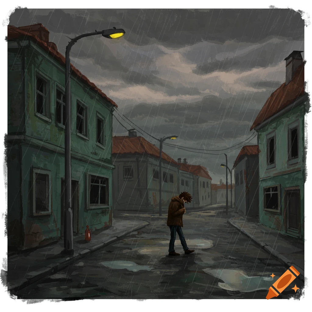 Illustrated person walking down a rainy street with buildings and streetlights.