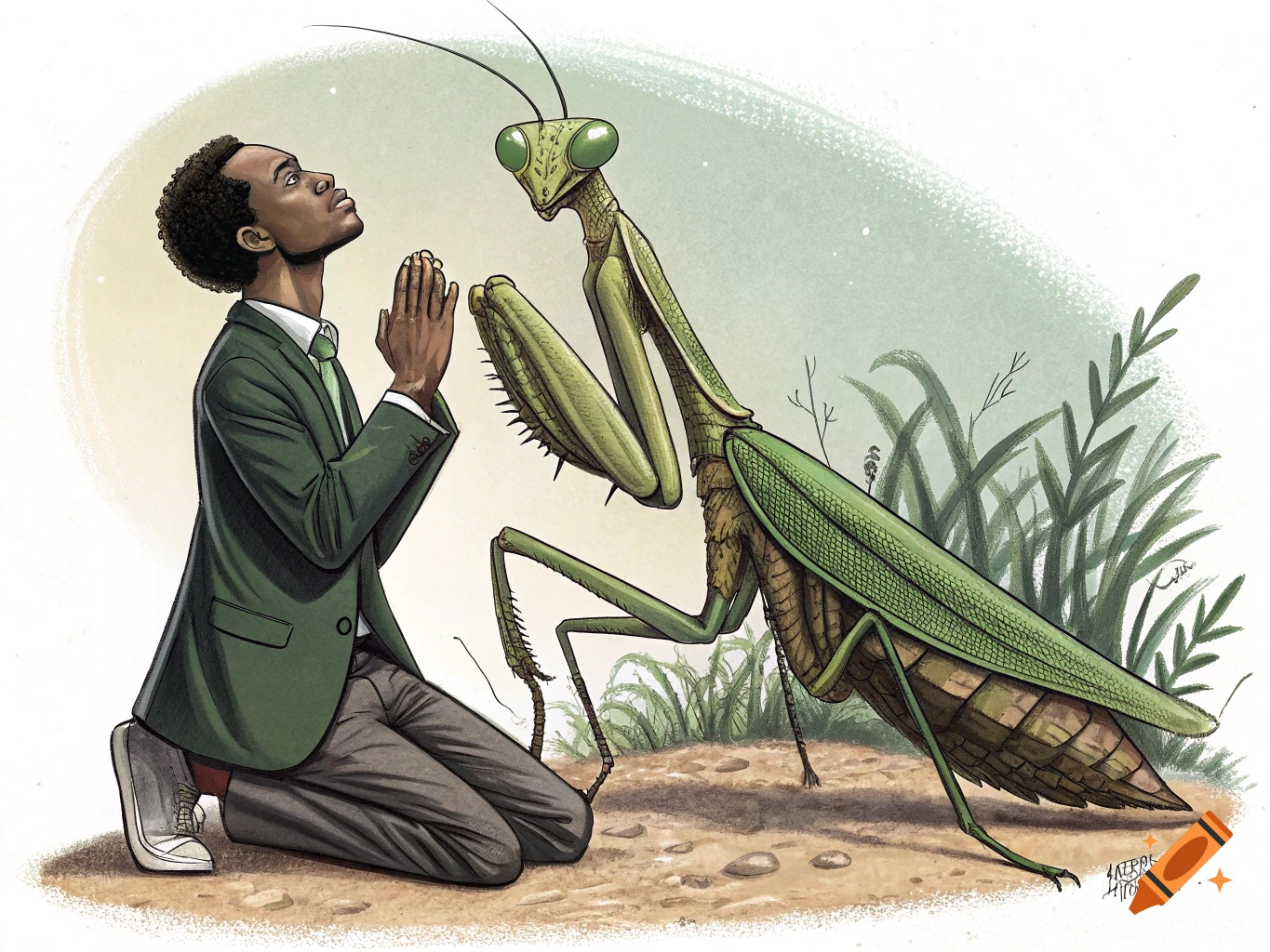 Illustration of a man kneeling and praying to a large praying mantis ...