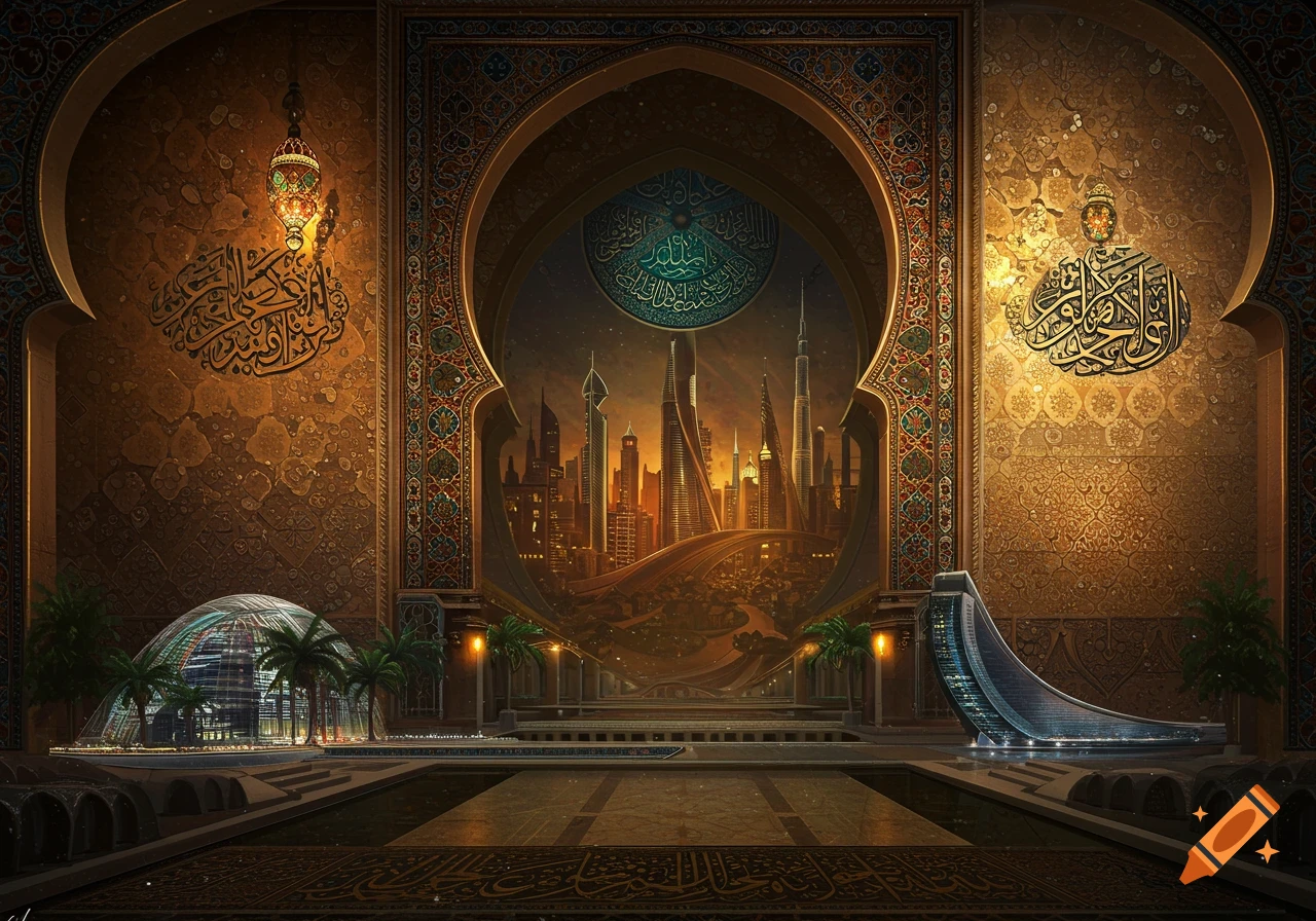 Ornate Arabian-style archway framing a view of a futuristic city skyline at sunset.