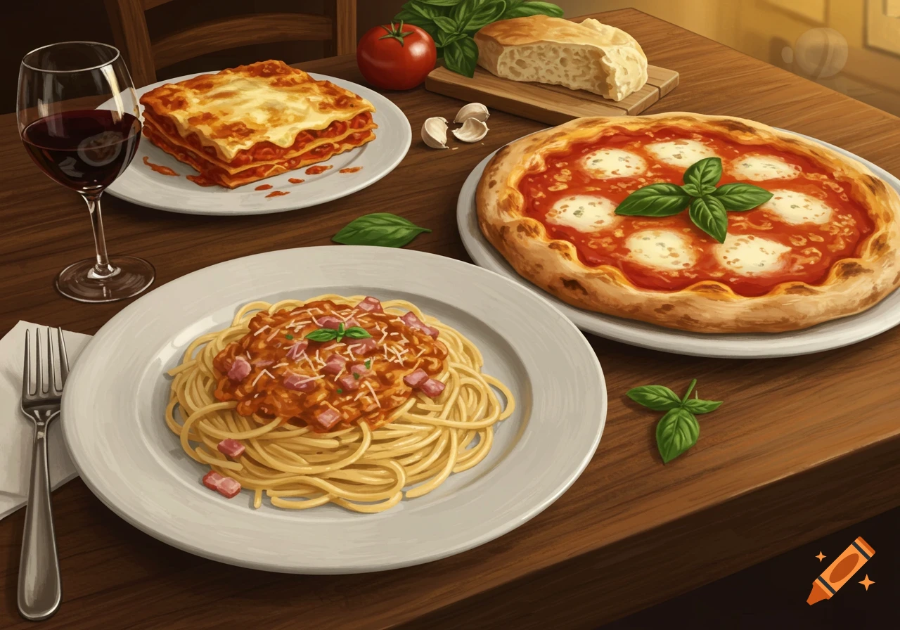 A table spread with Italian food including spaghetti, lasagna, pizza, bread, and wine.