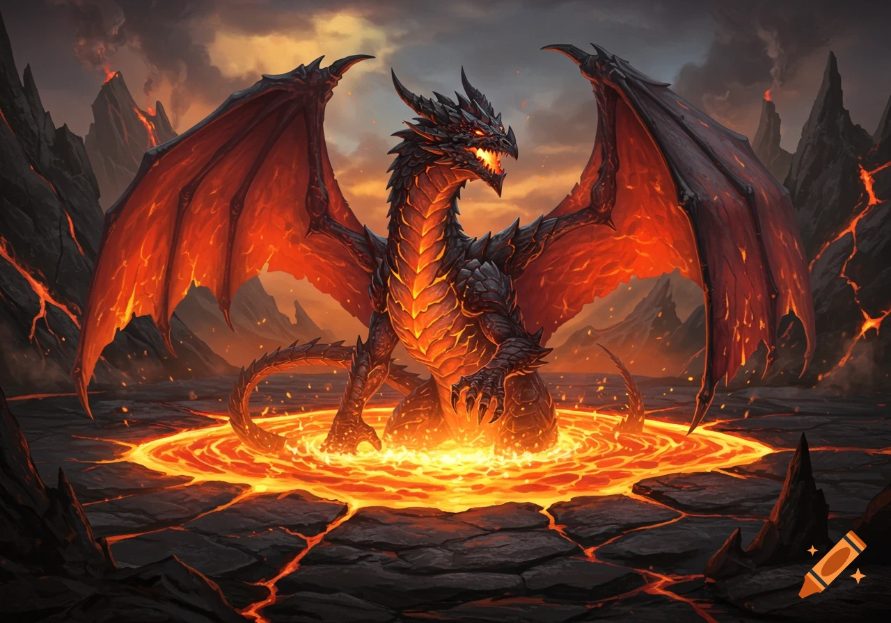 A powerful lava dragon emerges from a pool of glowing magma in a volcanic landscape, digital art.