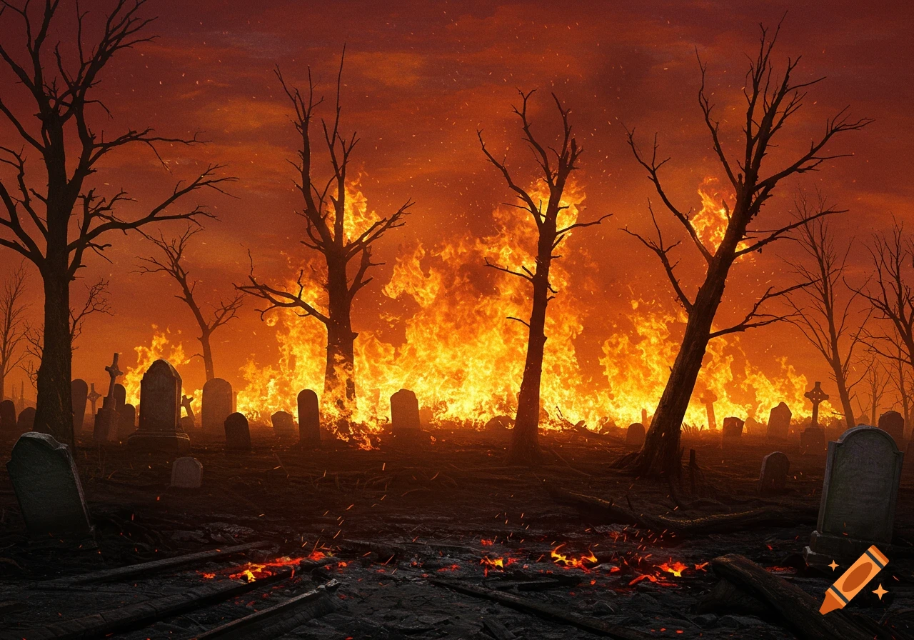 Graveyard with bare trees on fire under a fiery red sky.