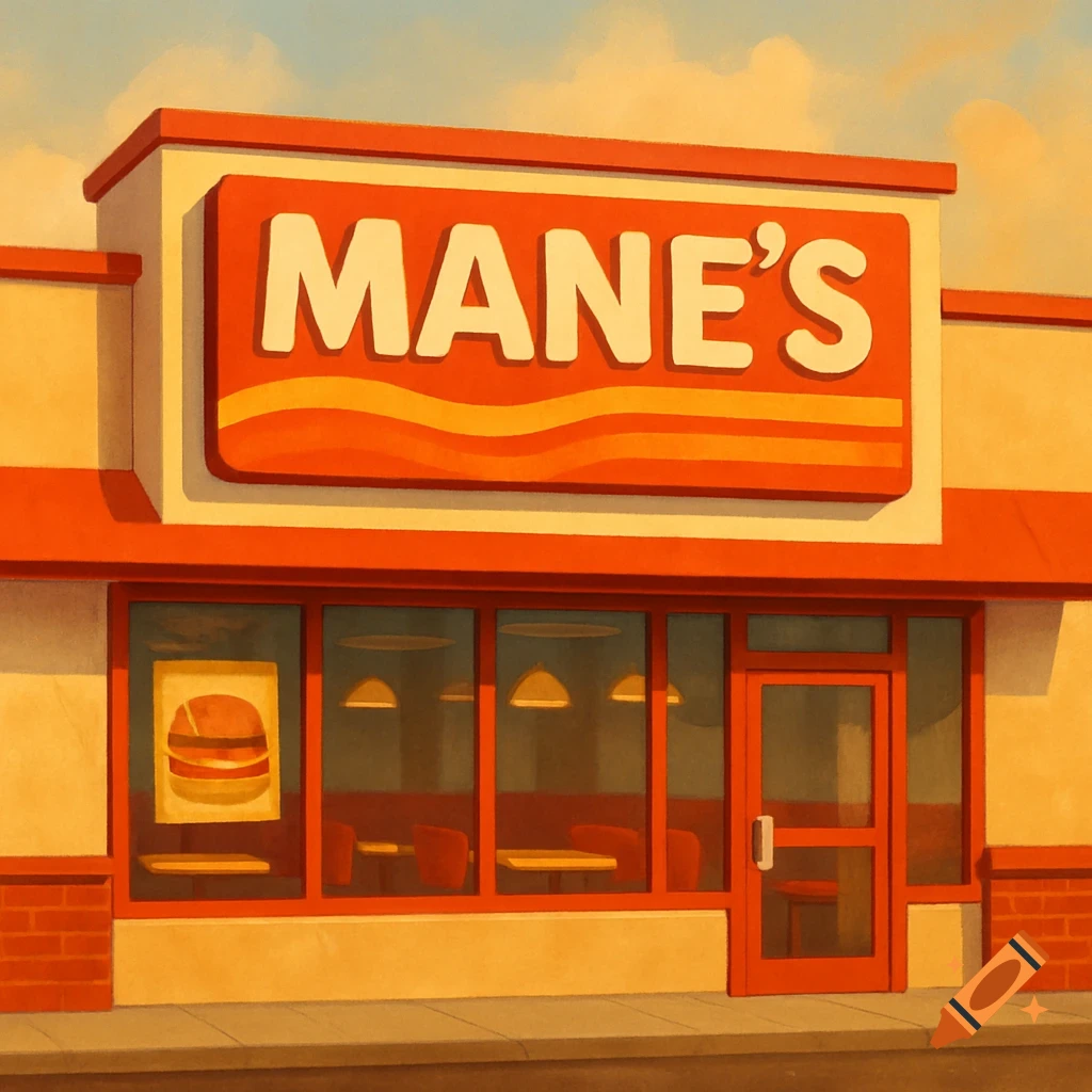 Exterior view of Mane's fast food restaurant sign and facade.