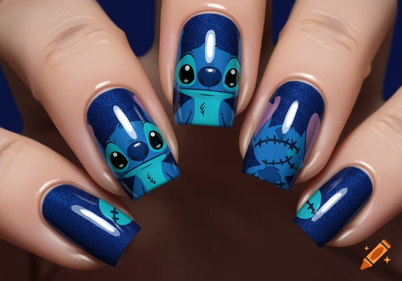 Close-up of painted fingernails with blue base and Stitch designs