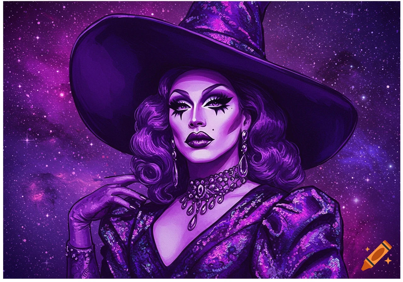 A drag queen dressed as a witch in purple makeup and a hat, against a galaxy background.
