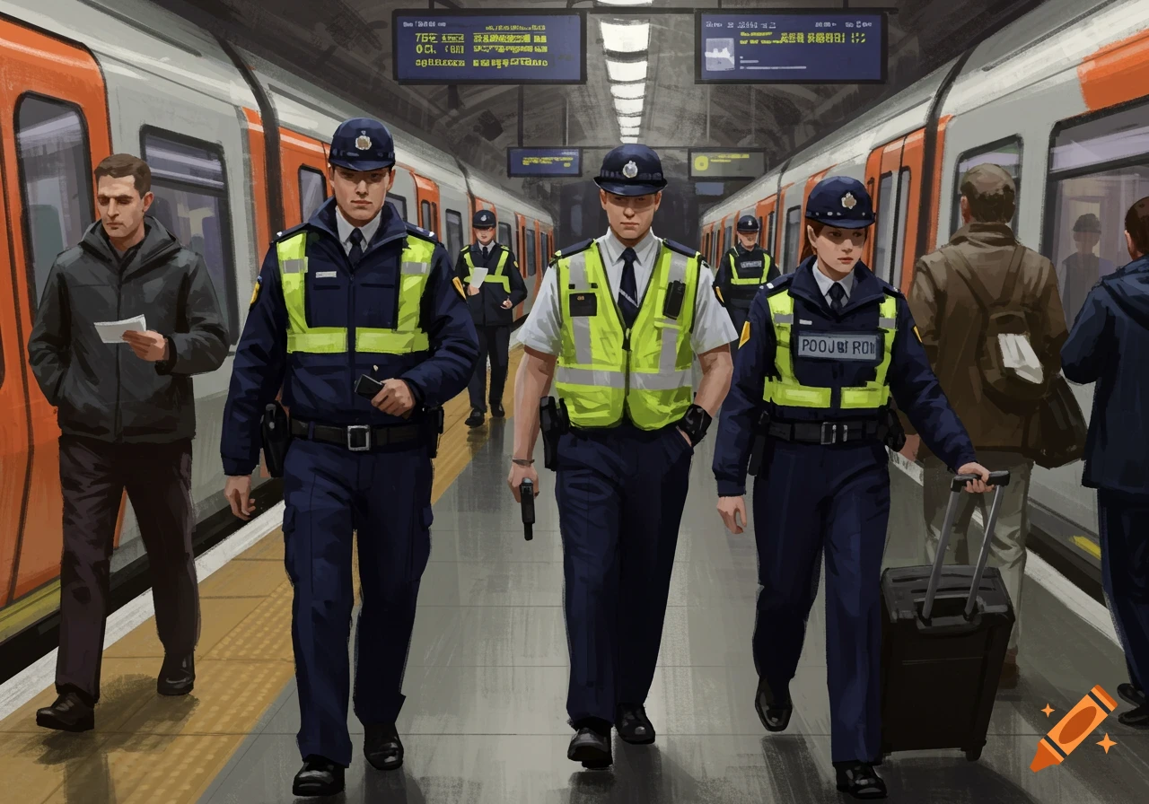 Police officers patrol a train platform with passengers and trains.