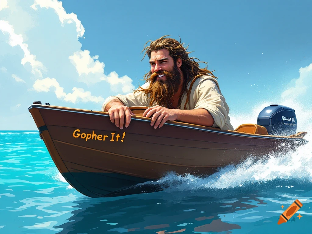 Bearded man smiles in speed boat labeled 'Gopher It!' on bright blue water.