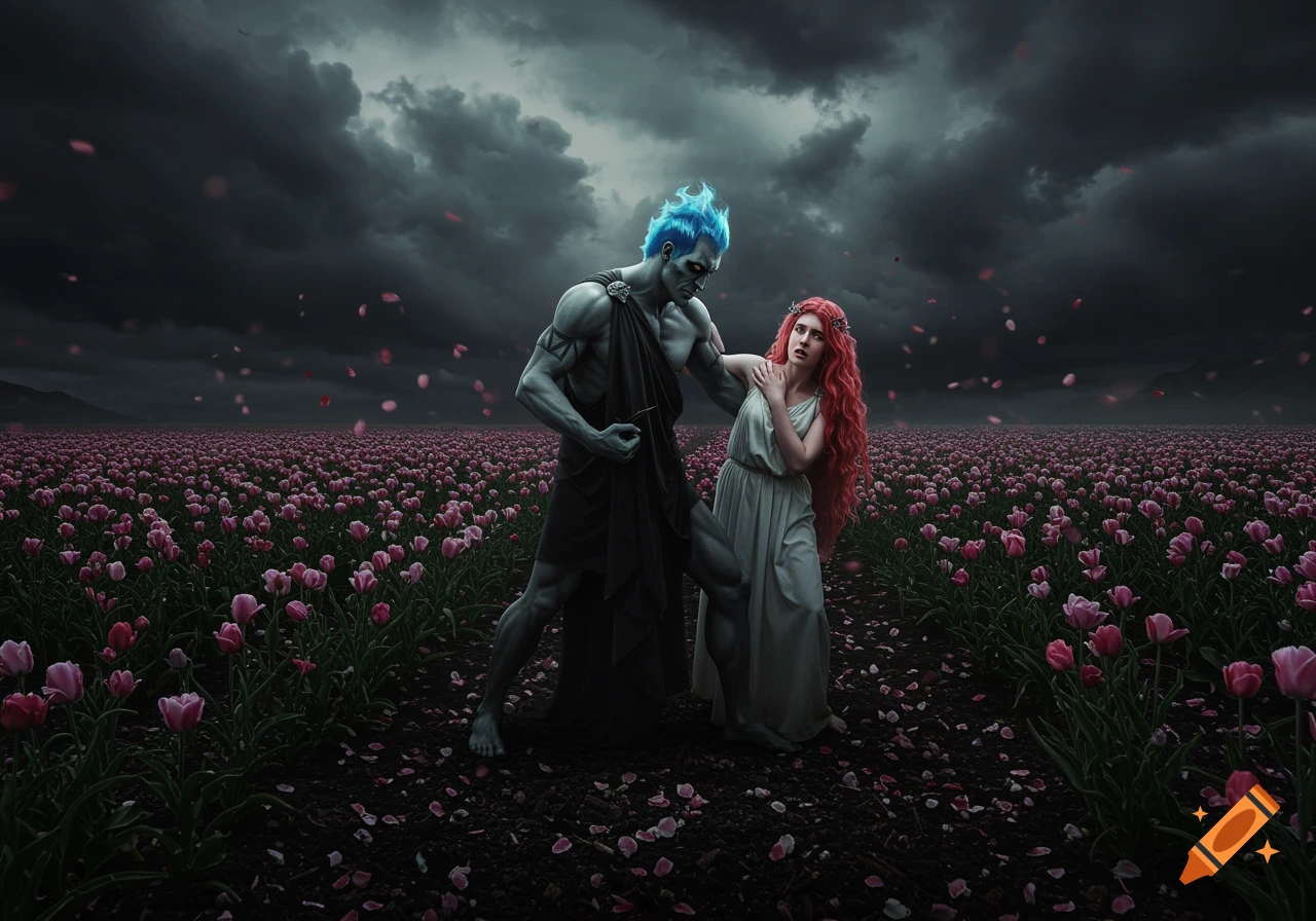 Hades with blue fire hair grasps Persephone in a dark field of pink tulips under a stormy sky.