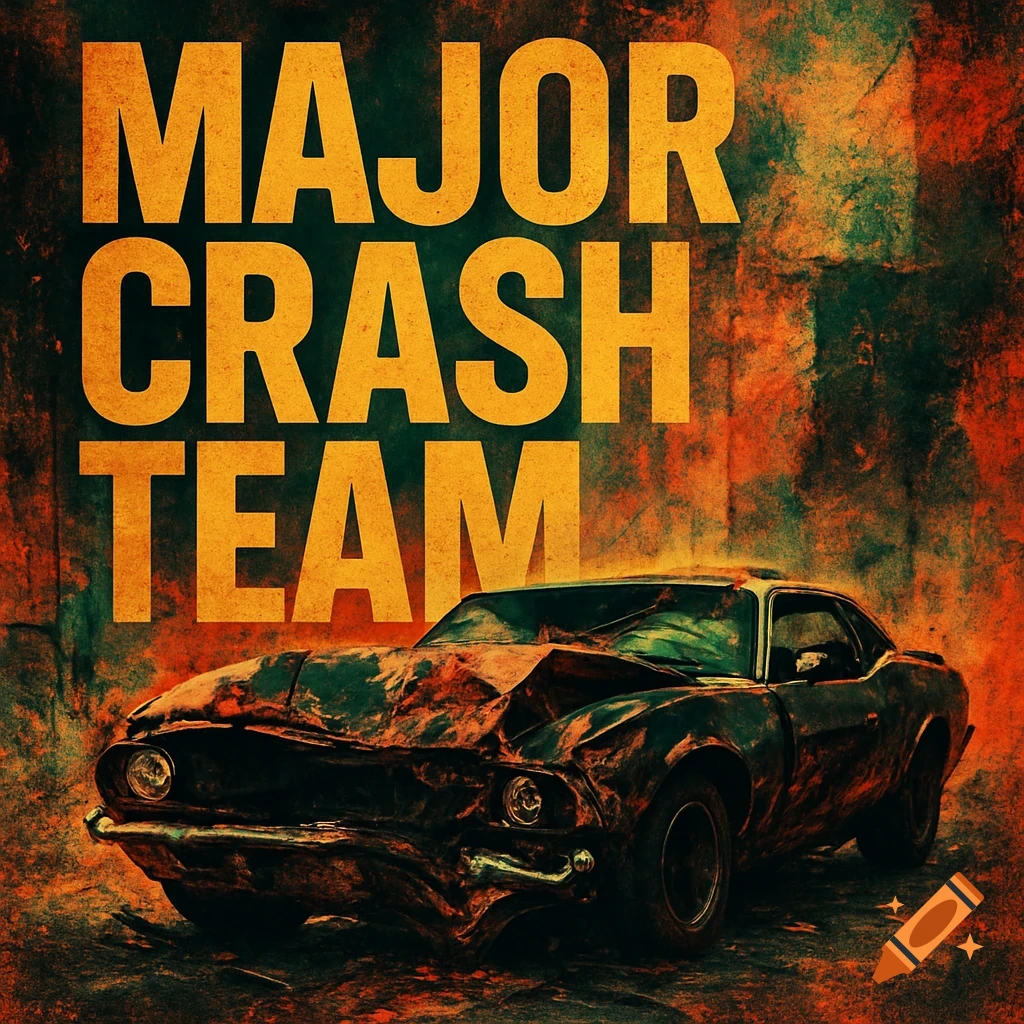 Grunge style image of a crashed muscle car with large orange text that reads 'MAJOR CRASH TEAM'.