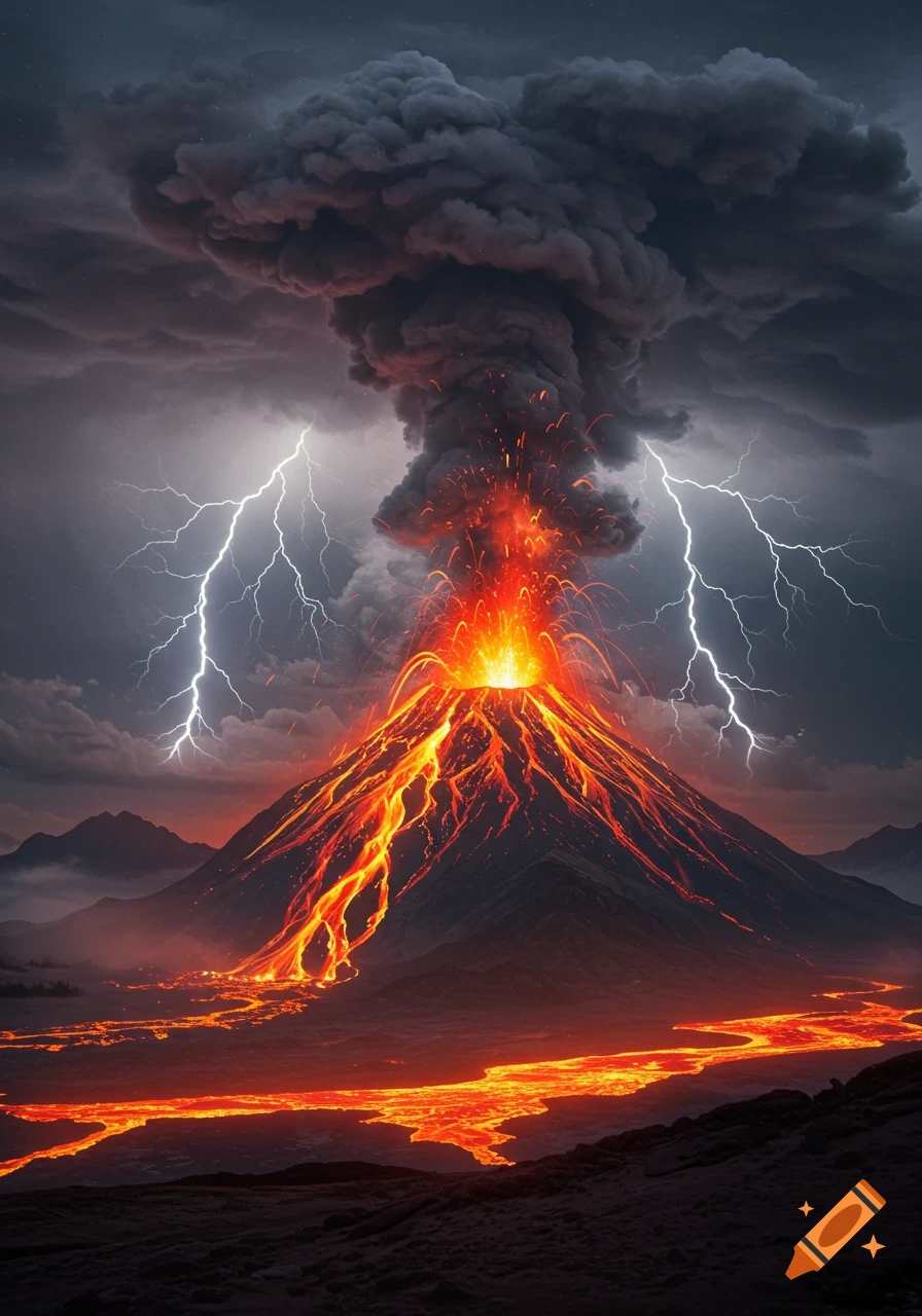A dramatic volcanic eruption with glowing lava flowing down the mountain, under a stormy sky with lightning.