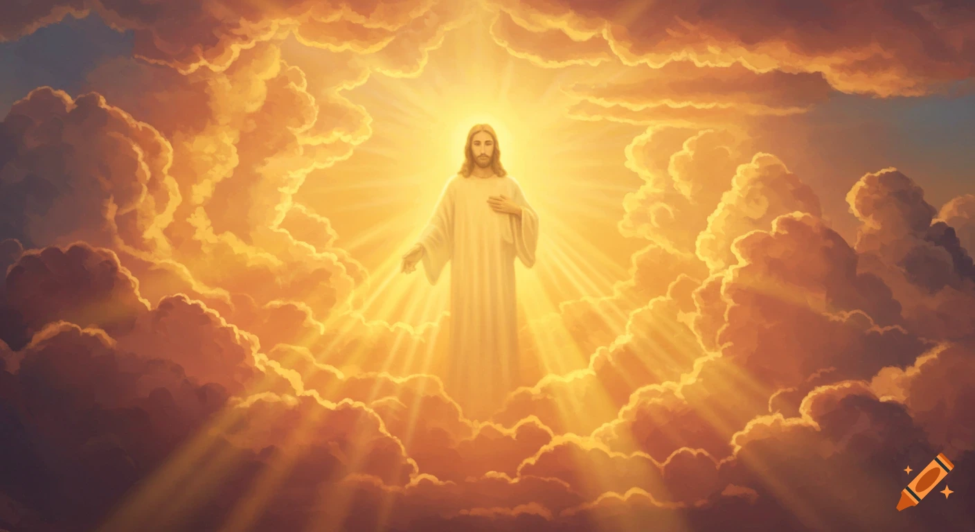 Figure resembling Jesus standing in bright, warm clouds surrounded by glowing light rays.