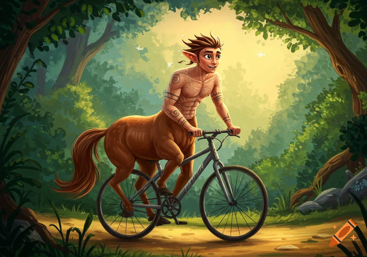 Illustrated fantasy image of a bare-chested centaur riding a bicycle on ...