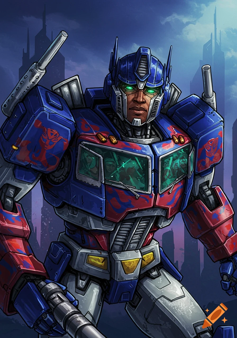 Illustration of Optimus Prime with an African American face in his mask