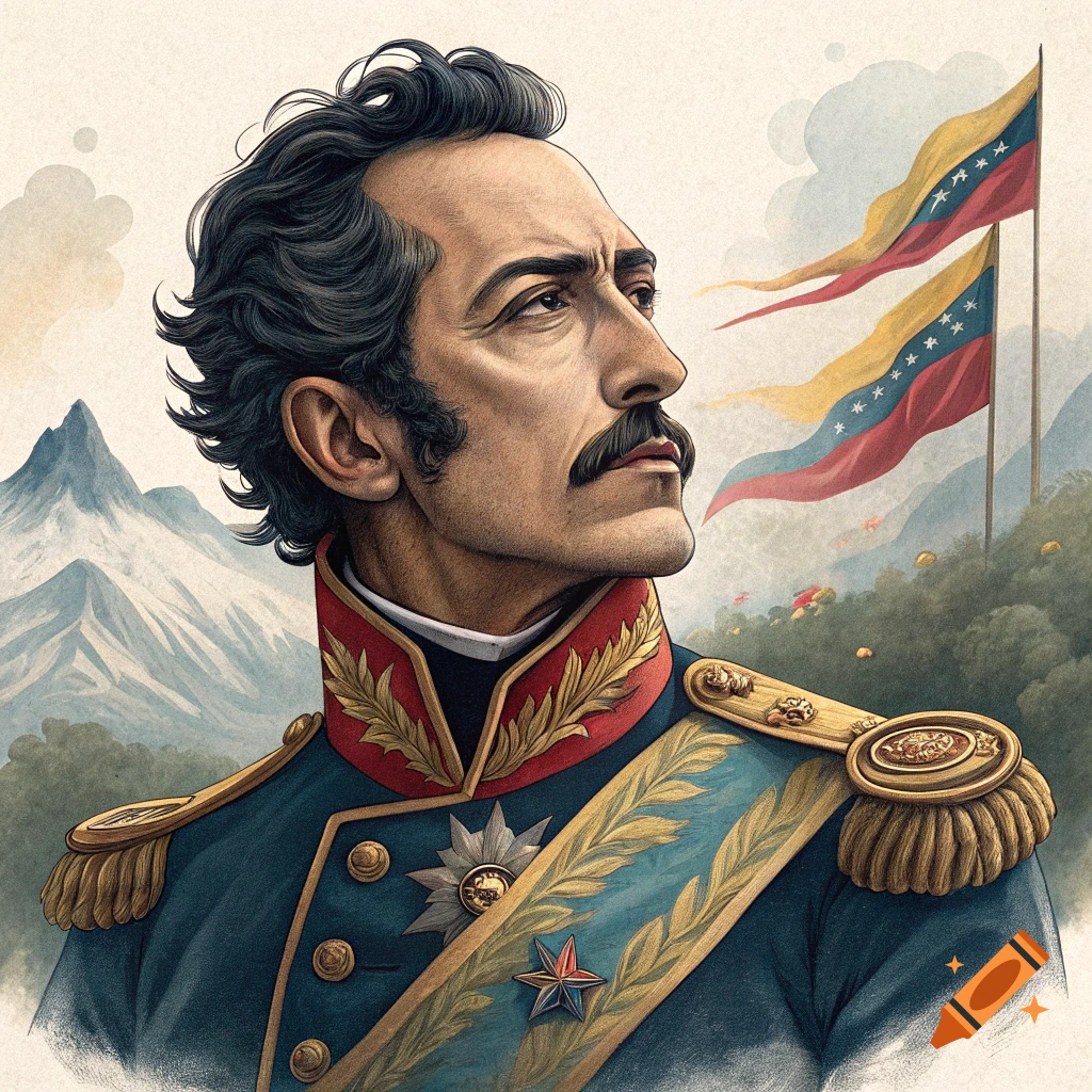 Portrait illustration of Simon Bolivar in military uniform, with flags and mountains.