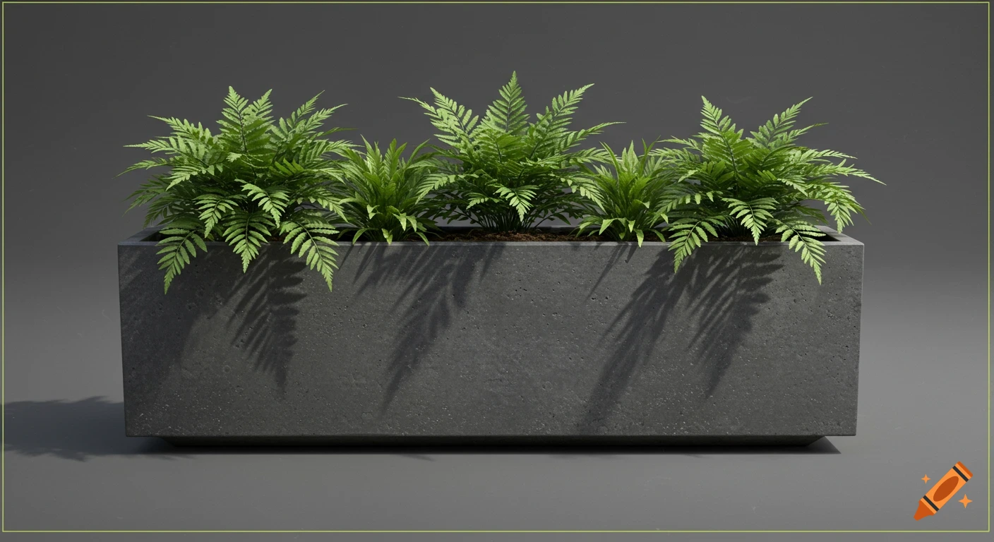 A rectangular concrete planter with several green fern-like plants against a gray background.